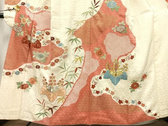 【振袖】桧扇　四季花文　絞り　金駒刺繍　金彩　正絹 平和屋着物○豪華振袖 駒刺繍 絞り 扇面草花文 金彩 正絹 逸品