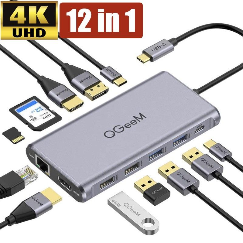 12in1ハブ USB Type-C ハブ HDMI 4K DP USB3.0 PD対応 SDカードリーダー LANポート 最大100W 変換 アダプタ タイプC ノートPC MacBook iPad Pro
