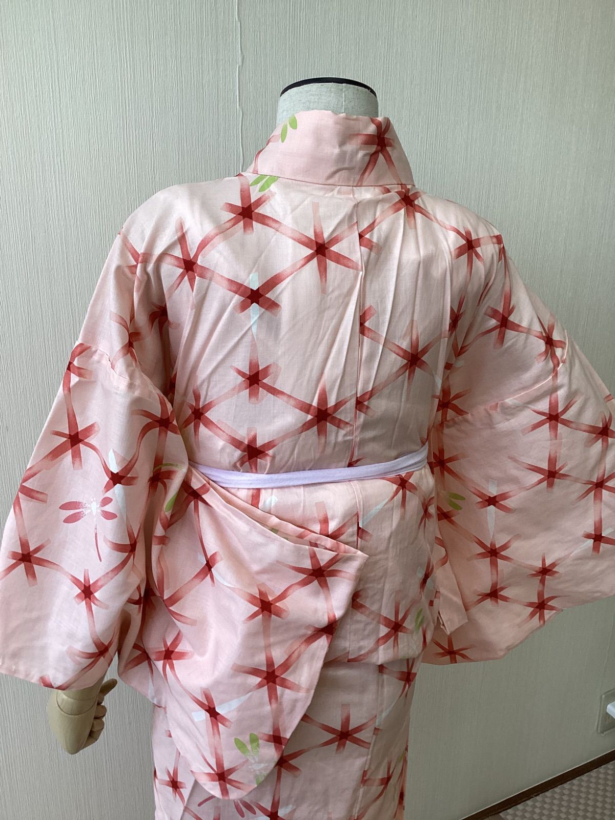 浴衣 着物 夏物 女物浴衣 トンボ 勝虫 ピンク 麻の葉 リサイクル