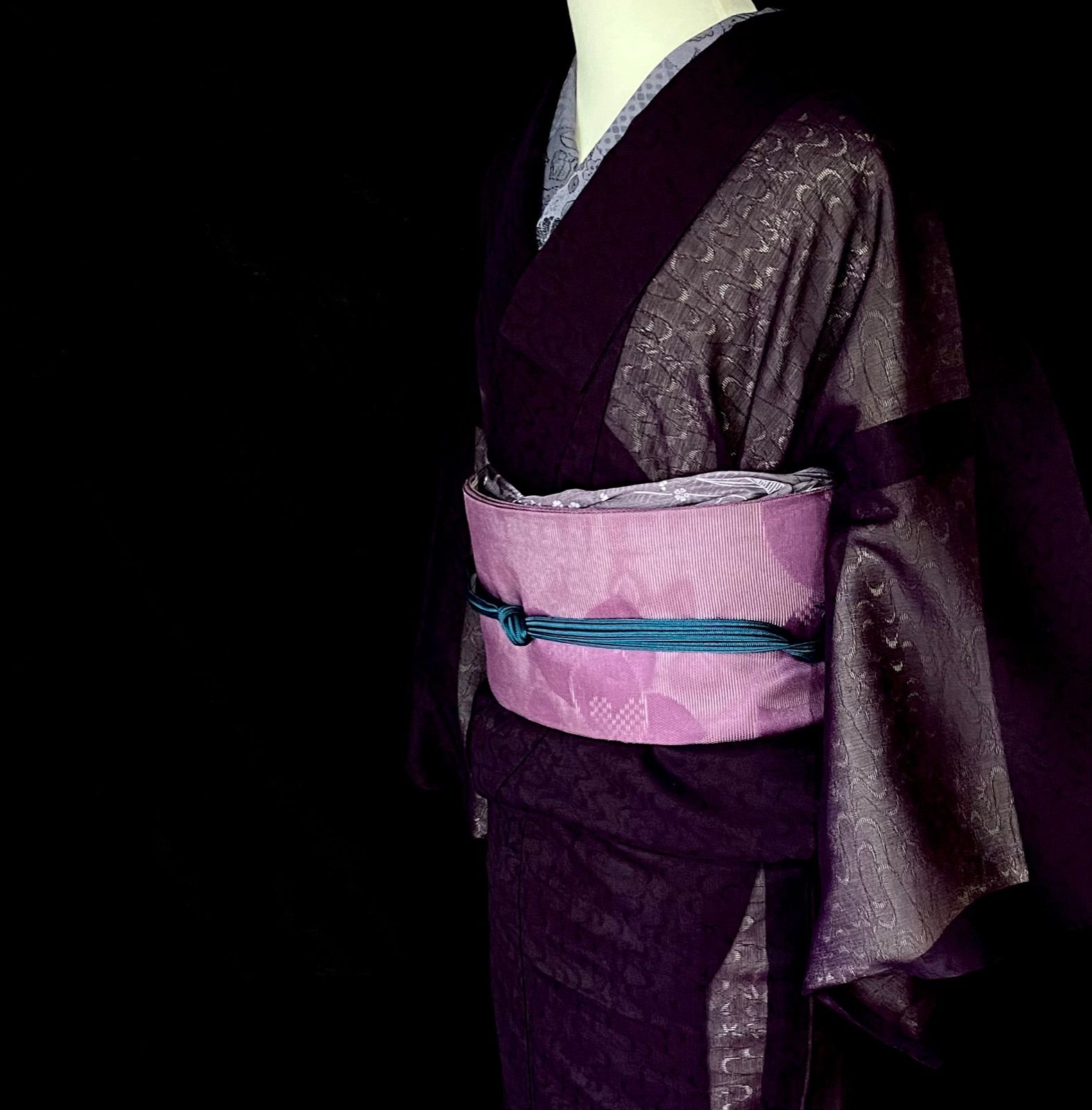 恋紫 紗の着物〉濃い紫 流水模様 笹 夏着物 透ける 織り出し - きもの
