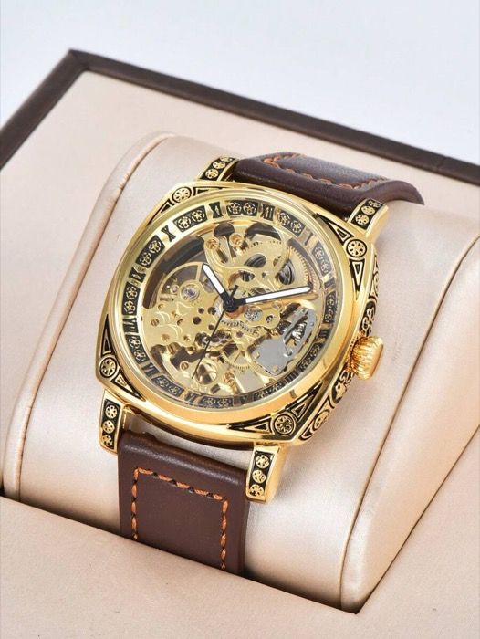 腕時計 メンズ 機械式 1個 メンズ中空自動巻き機械式 ヴィンテージ彫刻入りレザーバンド 防水腕時計 素敵なギフト
