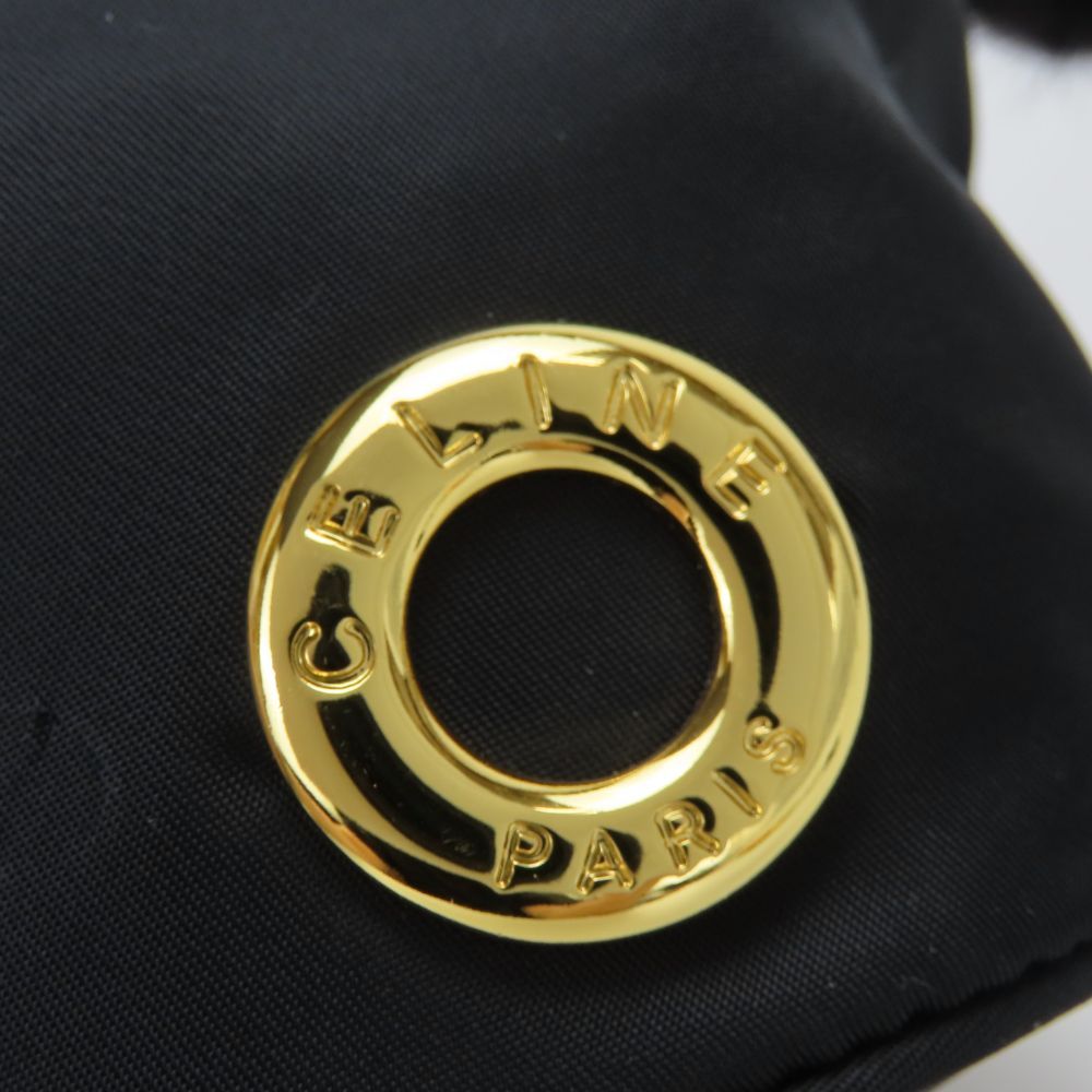 中古】 セリーヌ ポーチ 巾着 ファー ナイロン ブラック ゴールド金具