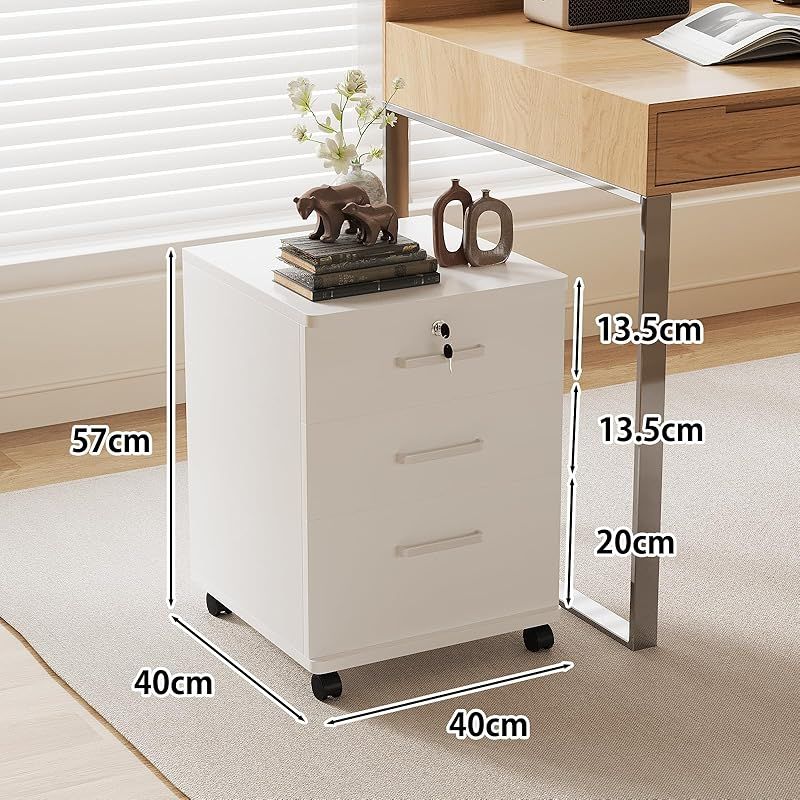 YASICA デスクワゴン 袖机 完成品 大容量 A4対応 オフィスワゴン ファイル キャスター搭載 鍵付き 3段 デスクサイドワゴン 高密度ファイバーボード オフィス キャビネット デスク下 引き出し収納 サイドチェスト ナイトテーブル リビン 1
