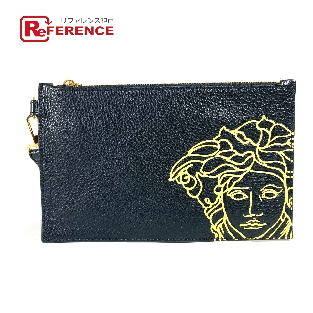 美品 ヴェルサーチ レザー クラッチバッグ メデューサ ロゴ型押し ブラック VERSACE ヴェルサーチ クラッチバッグ ロゴ メデューサ レザー