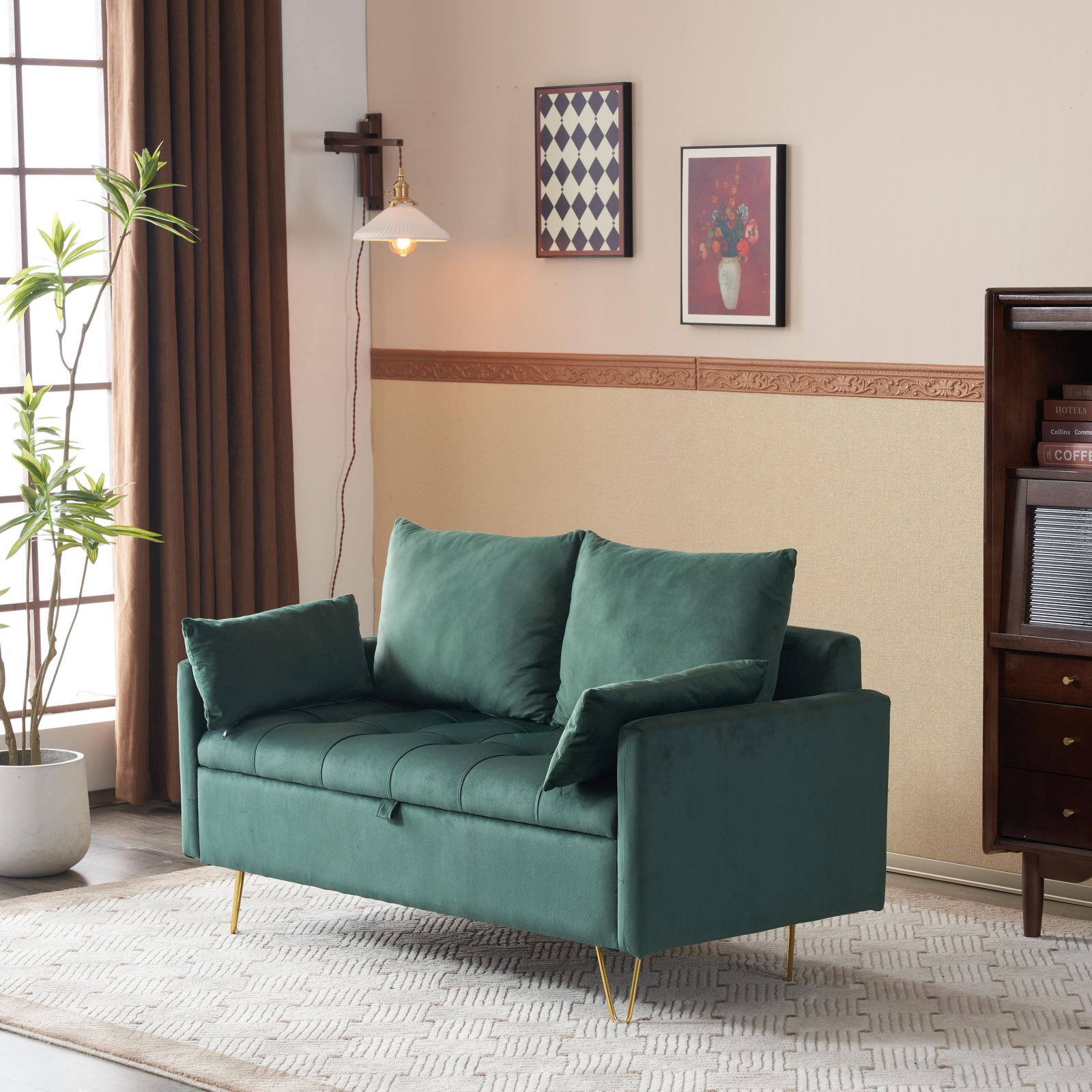 ソファー 2人掛け ソファ 収納付き クッション4個付き 金属脚付き