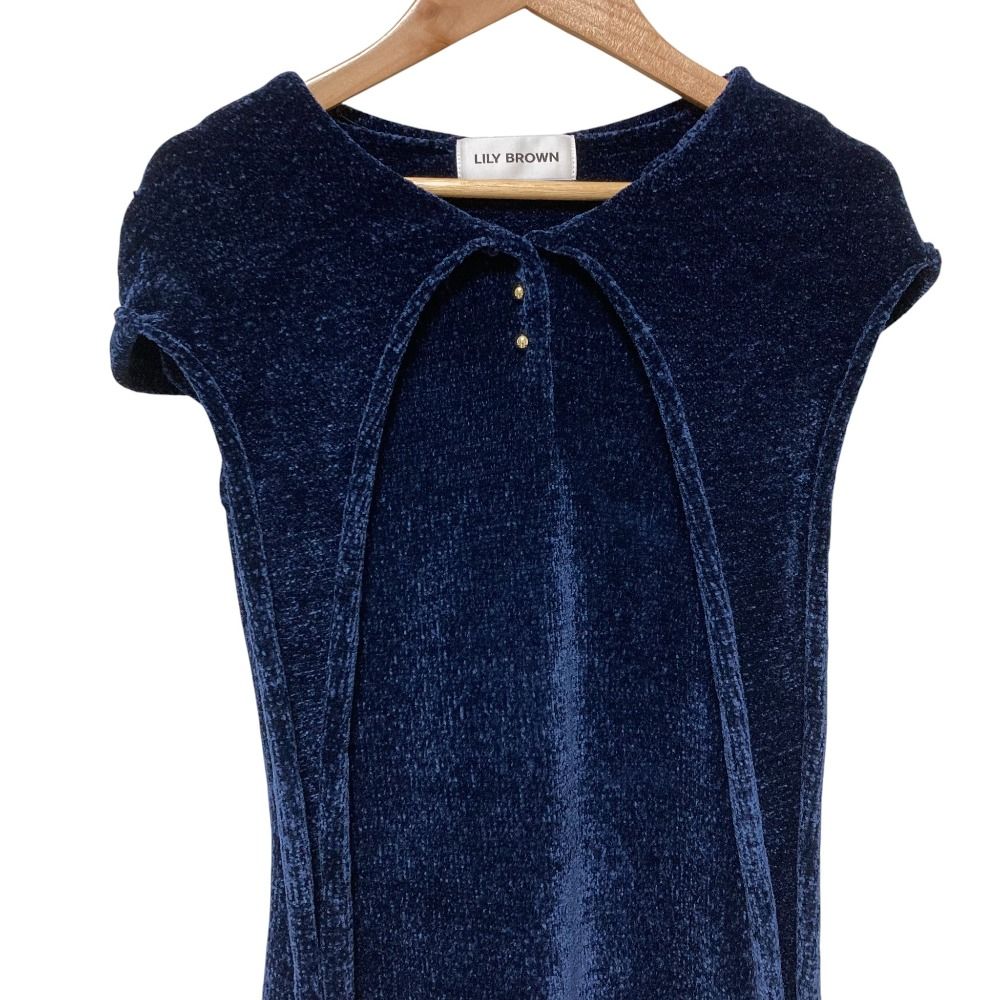 ♥ 25SS LILY BROWN リリーブラウン ボウタイニットフーディーワンピース サイズF ネイビー レディース 古着