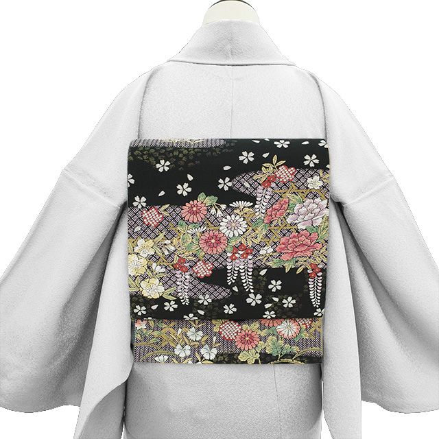 袋帯 京都 西陣 黒 菊 牡丹 桜 水仙 菖蒲 四季の花 丸 中古 kp1844 袋帯 京都 西陣 黒 菊 牡丹 桜 水仙 菖蒲 四季の花 丸 中古