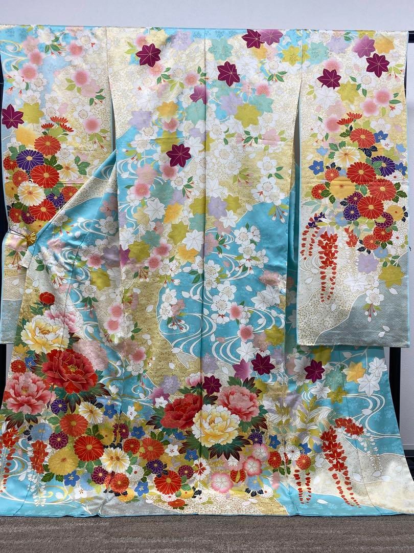 振袖 仮絵羽 青柳 舞台衣装 金駒 金彩 紋意匠 正絹 未仕立て品 八掛 
