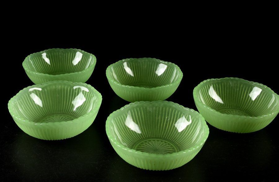 蔵A2042a レトロ ウランガラス 小鉢 向付 サラダボウル ５客