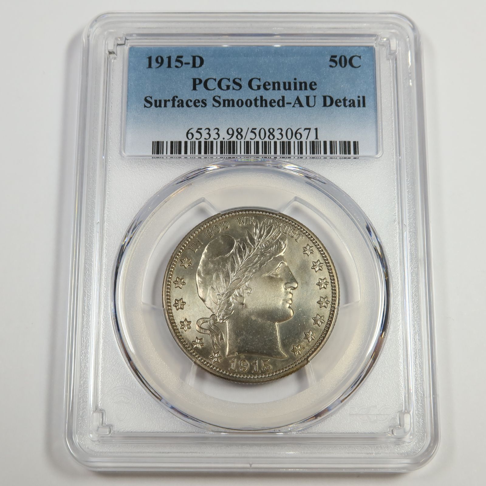1915 D PCGS AU Detail - Silver Barber Half Dollar 50c Coin