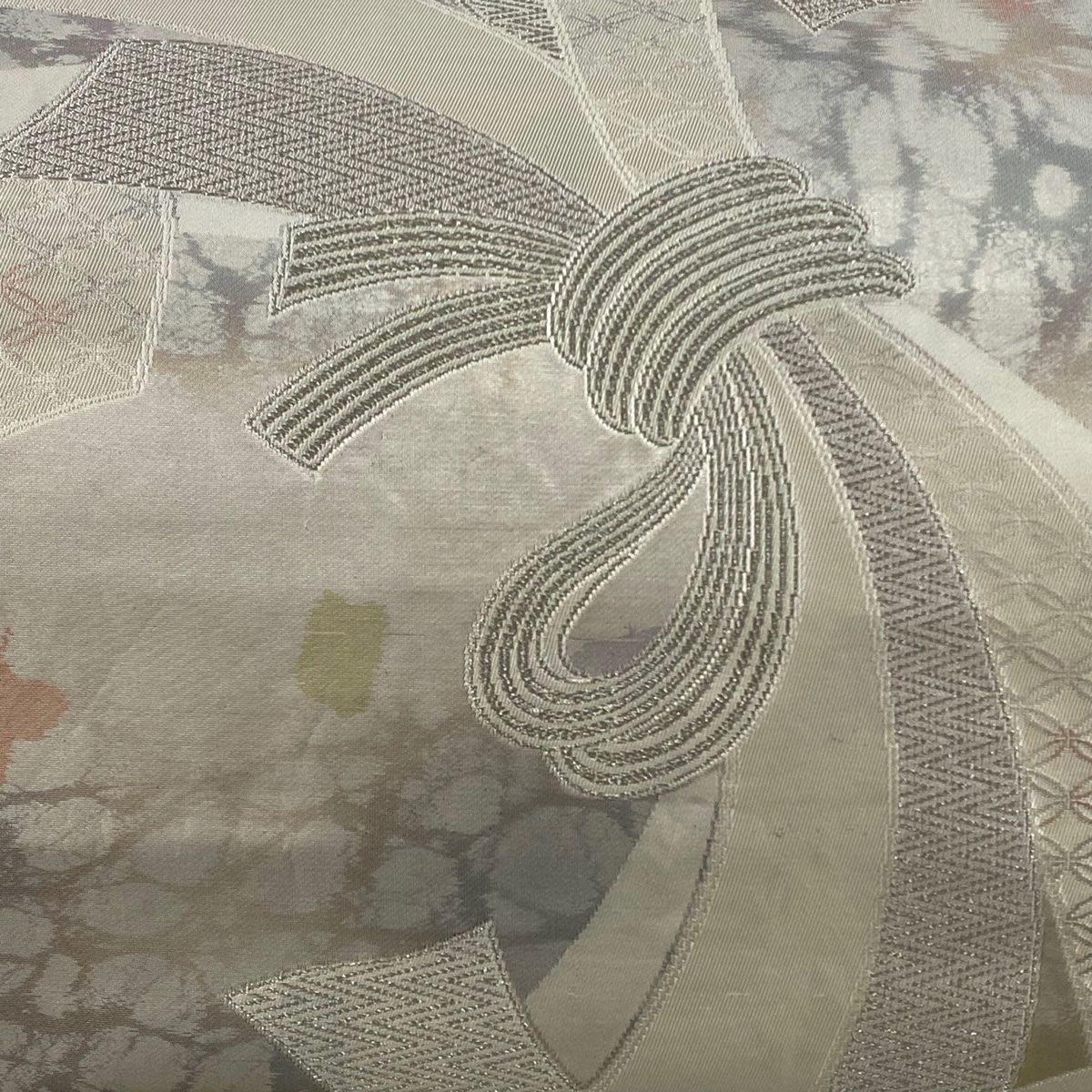 名古屋帯 秀品 束ね熨斗 七宝 銀糸 箔 銀色 正絹