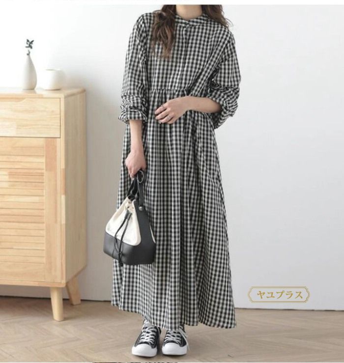 シャツワンピース レディース 春 長袖 ロング シャツワンピ ロングワンピース スタンドカラー チェック柄 ストライプ シャツワンピース レディース 春 秋 長袖 ロング シャツワンピ