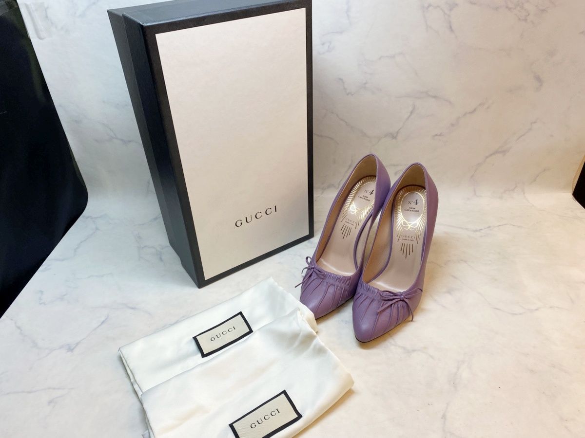 MER711 GUCCI グッチ パンプス ギャザー パープルリボン ニューラベンダー ハイヒール ヒール サイズ38 24cm 551766 き