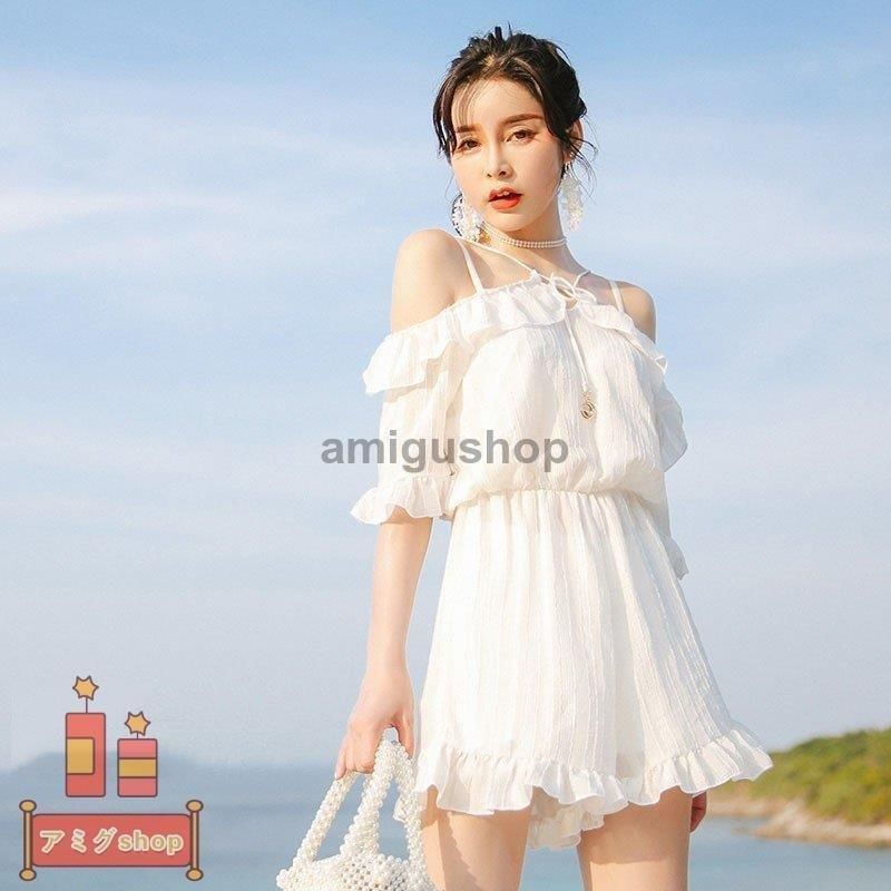 異素材ショルダーリボンワンピース/水着【返品不可商品】 （グリーン