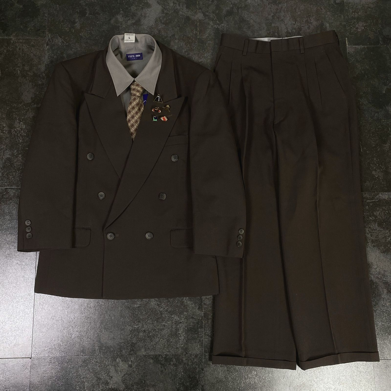 【vintage】セットアップ　5点セット　ダブル　ブラウン　ピンバッチ vintage】セットアップ5点セットダブルブラウンピンバッチ