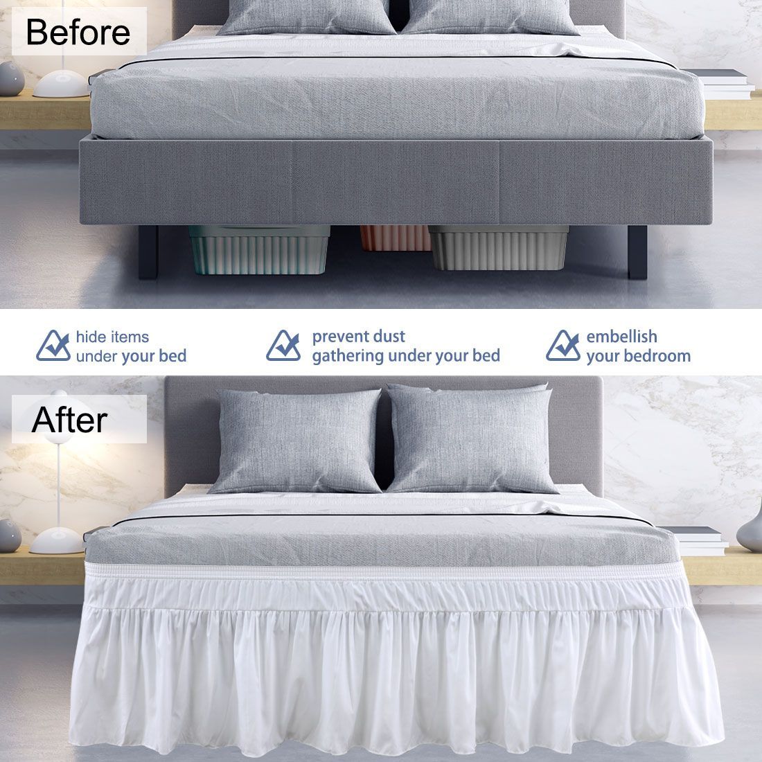 PiccoCasa ベッドスカート ポリエステル 無地 北欧 プリーツ かわいい 取り付け簡単 ベッドカバー フリル 姫系 軽量 スカート丈40 cm ホワイト 150*200cm