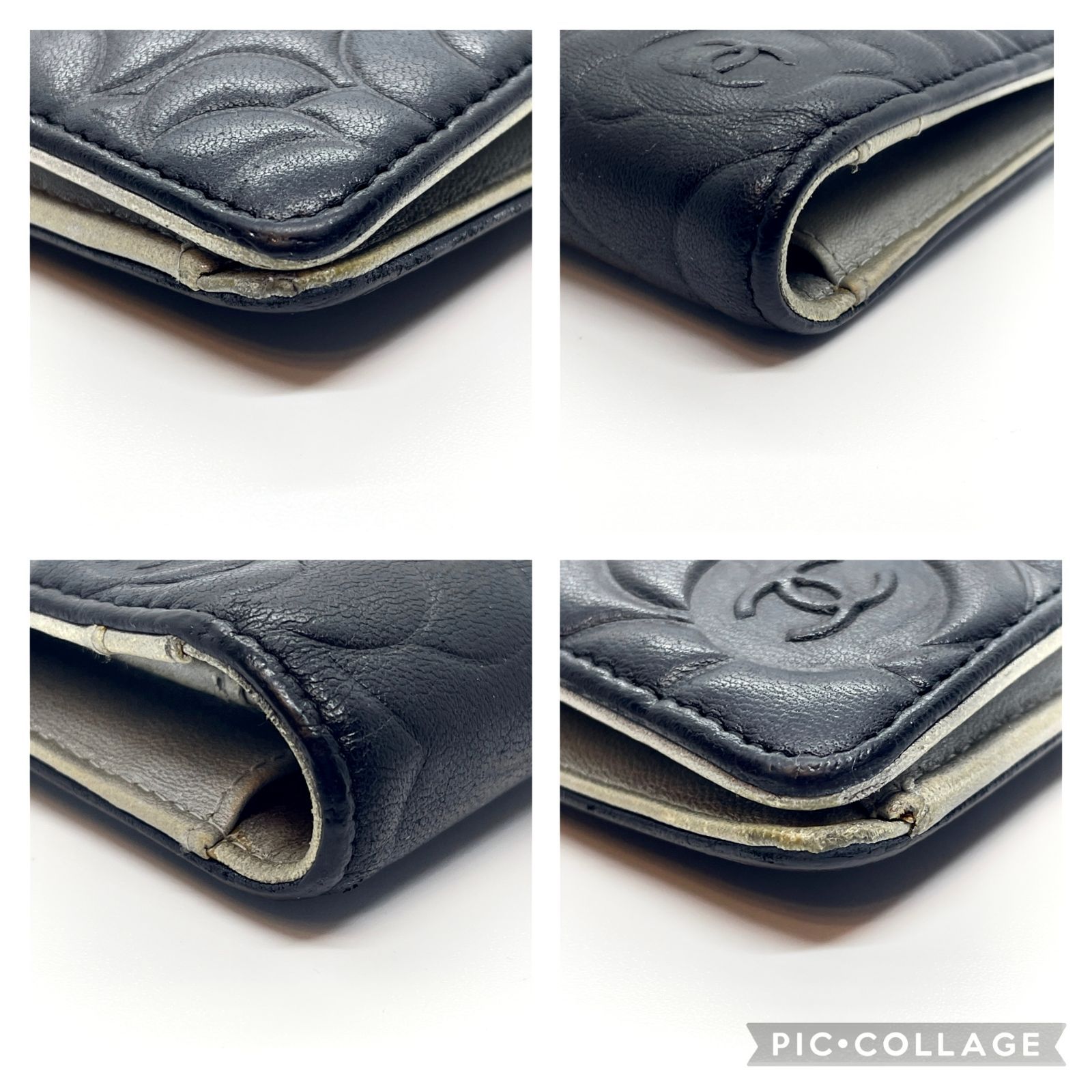 538】極美品 CHANEL/シャネル カメリア ラムスキン 二つ折り 長財布 黒
