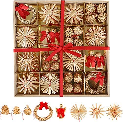 LIHAO クリスマスツリー オーナメント 飾り 麦わら細工 56点セット クリスマス飾り ストロー わら 雪花 てるてるぼうず 天使 花輪 装飾品 クラフト クリスマスプレゼント ギフト