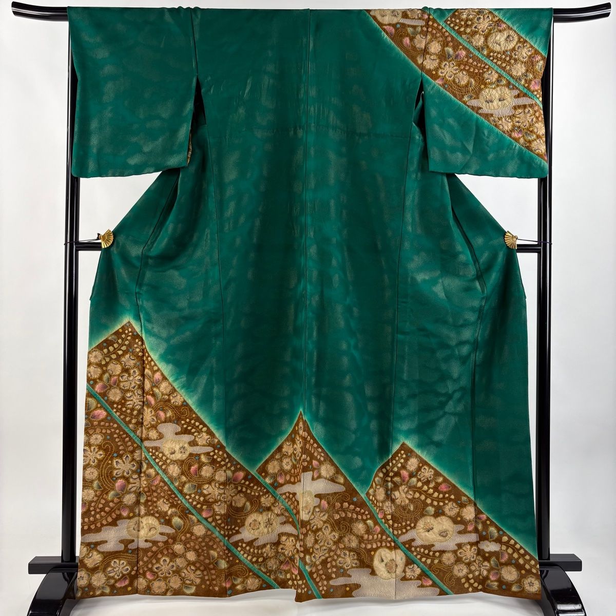 訪問着 身丈165cm 裄丈68cm L 単衣 草花 ヱ霞 絞り 金通し 緑 正絹