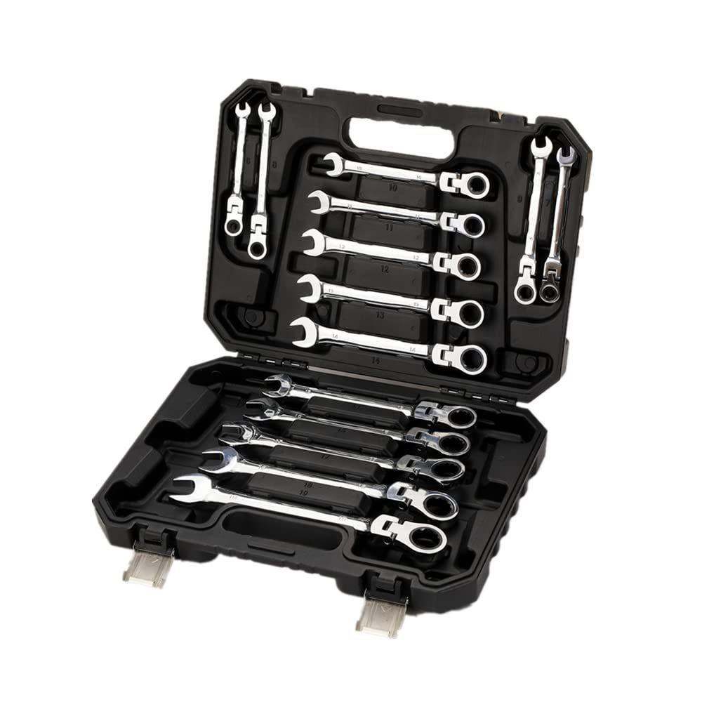 首振ラチェットレンチセット コンビネーションレンチ 6 19mm 14本組 作業 常備 整備工具セット車 バイク 各種メンテナンス対応 家具組み立て 鏡面仕上げ 収納ケース付き 角度調整