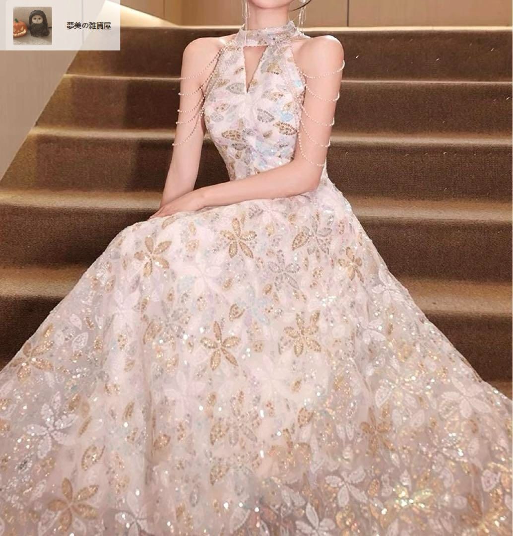 ♥ レディースファッション スパンコールのお花のデザインが美しい ホルターネック ドレス