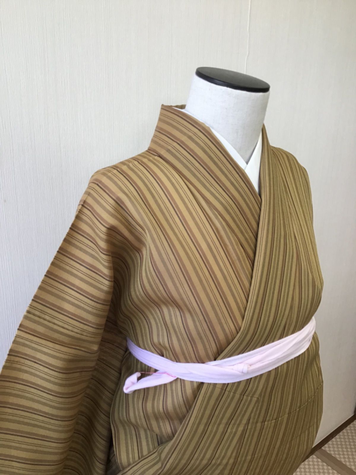 夏物 紬 縞柄 榛色 茶色 薄物 着物 夏紬 裄70cm ワイドサイズ