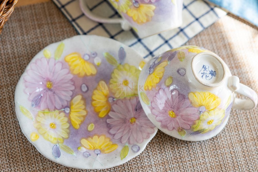 日本製工房「風花」 彩粉引花紋 コーヒー＊碗皿 カップ ソーサ