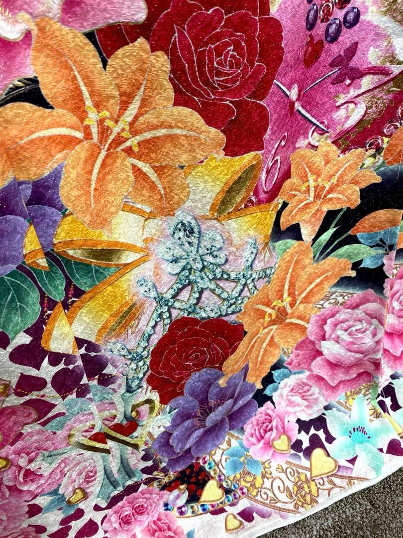 振袖 仮絵羽 舞台衣装 銀通し ラメ刺繍 薔薇 正絹 未仕立て品 八掛付き 