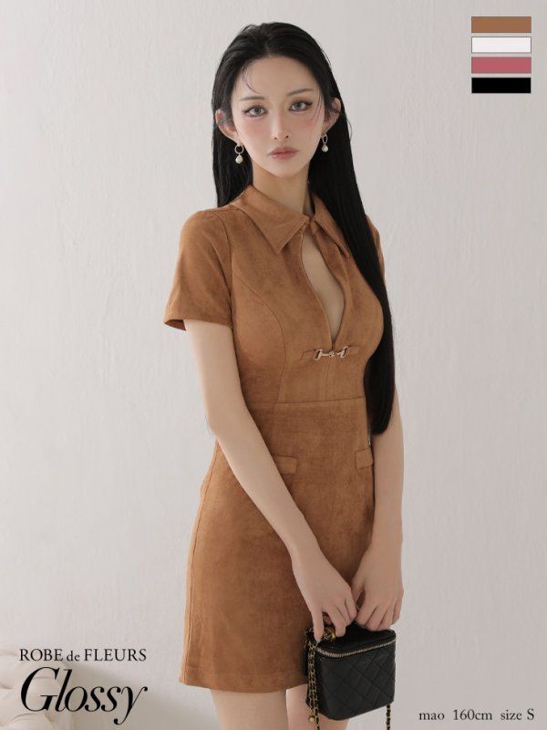 キャメル GL3945-IV-2508 XS-Lサイズあり Glossy|グロッシー スエード| バストカット| 半袖| ミニドレス| キャバドレス