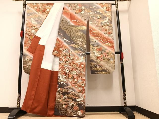 平和屋着物○豪華振袖 群れ鶴草花文 金彩 鈴乃屋扱い 正絹 逸品 AABB2953ph