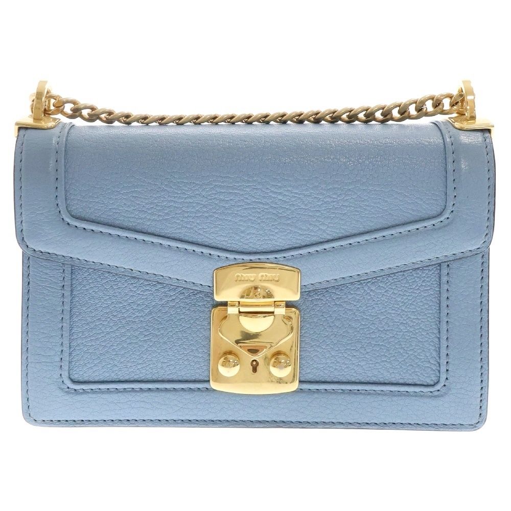 miumiu ミュウミュウ チェーンショルダーバッグ ライトブルー レザー 5BD083 ゴールド金具 miumiu (ミュウミュウ) チェーンショルダーバッグ ライトブルー レザー