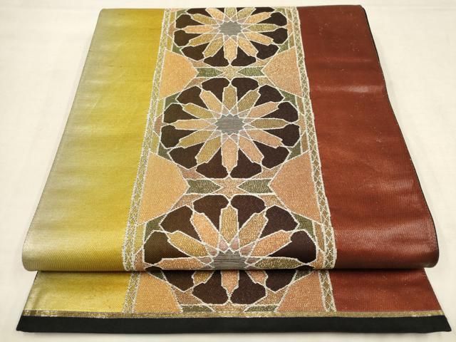 平和屋着物▽六通柄袋帯 花唐草間道 黒地 金糸 正絹 逸品