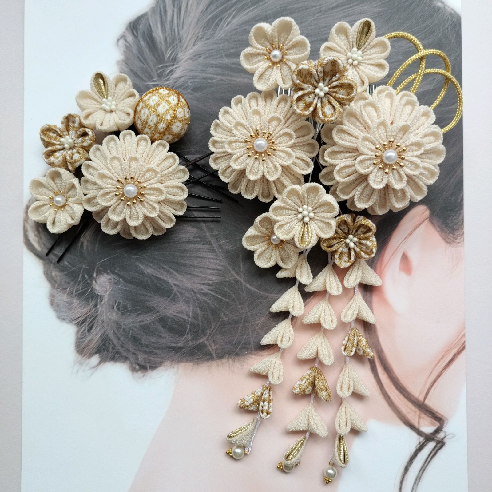 つまみ細工の髪飾り 白 ベージュ 成人式 卒業式 七五三 No.48
