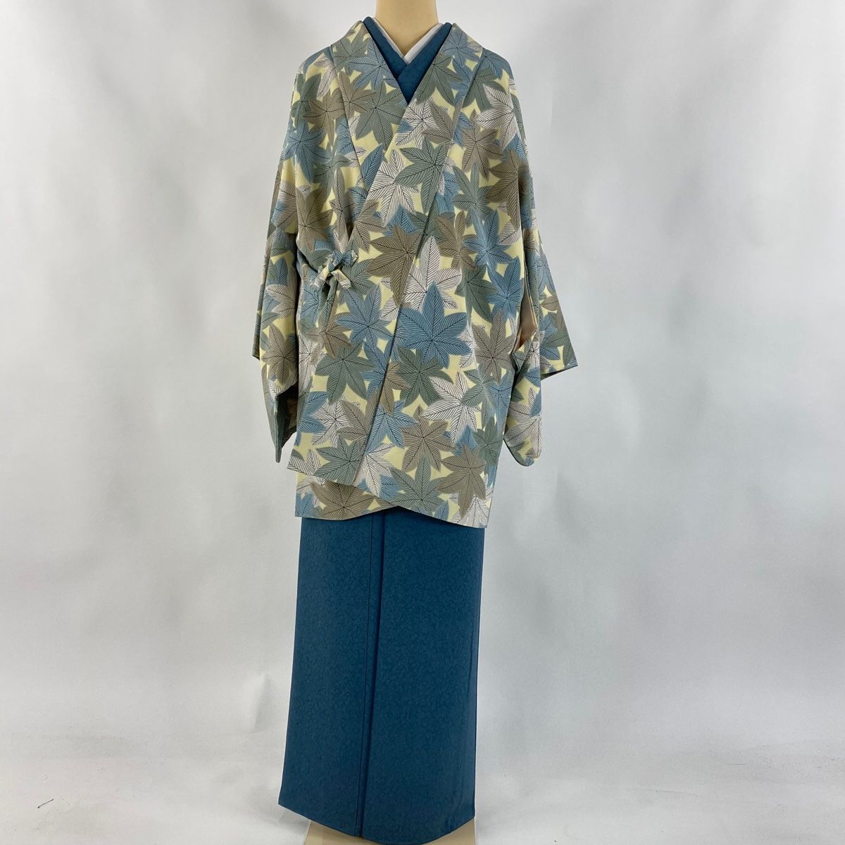 道中着 身丈85.5cm 裄丈68.5cm L 和装コート 楓 青灰色 正絹 秀品