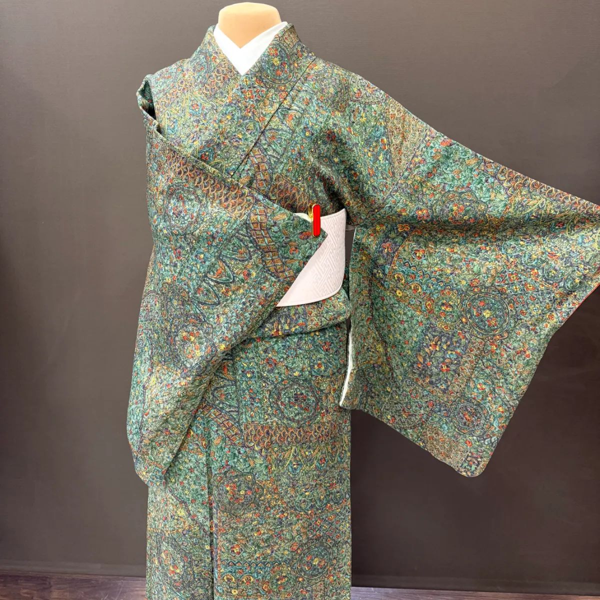 774 着物 更紗 正絹 小紋 青 お洒落 花 緑 グリーン 可愛い 唐花