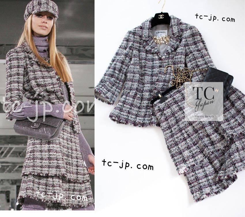 シャネル ジャケット スーツ CHANEL グレー パープル ツイード ジャケット スカート ランウェイ登場 カール ラガーフェルド作品 40