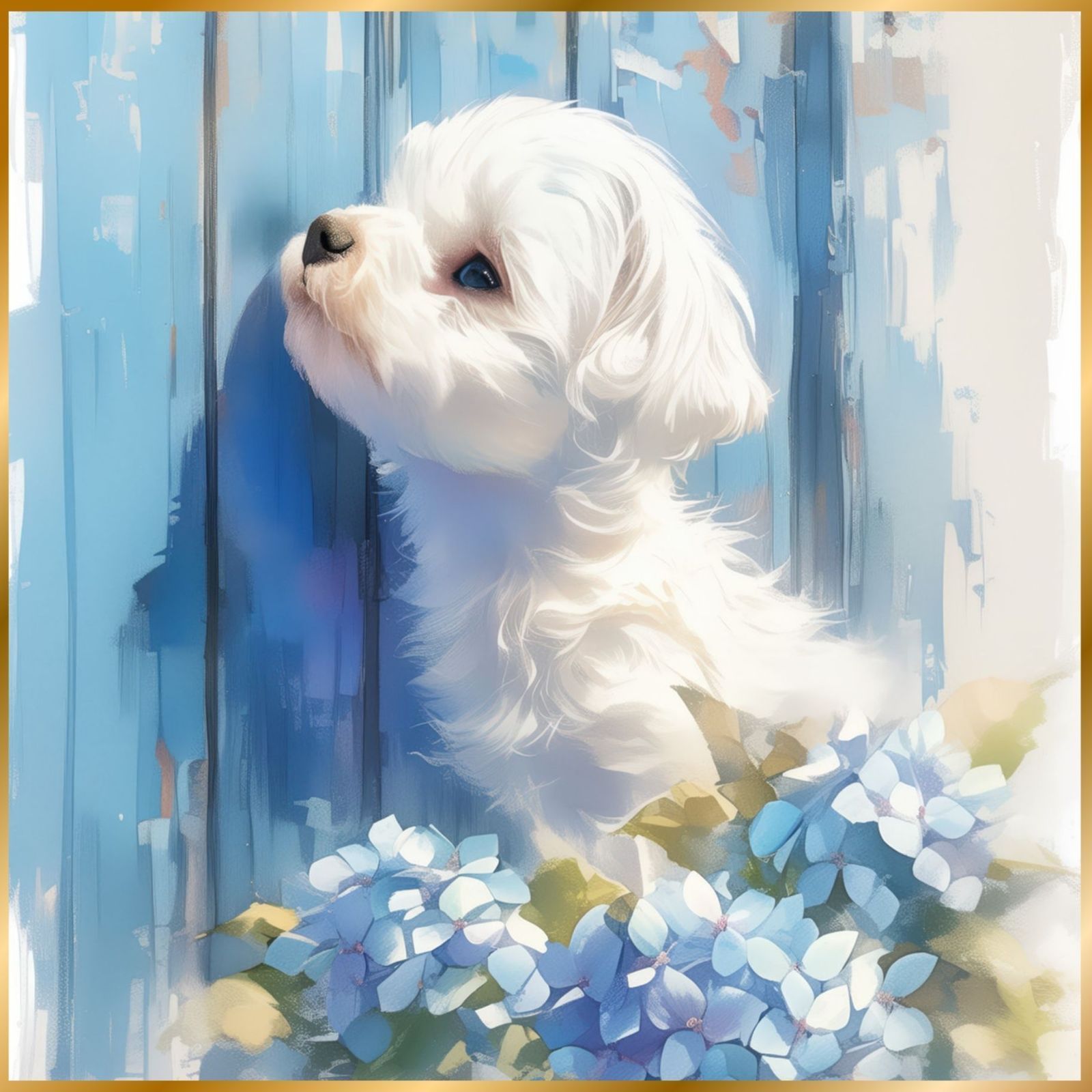 雨犬戯舞 - ビションフリーゼ犬の子犬 No.2 梅雨 季節 時期 紫陽花 カタツムリ 子犬 うちの子記念日 ペットロス アートポスター 犬の絵 犬のイラスト