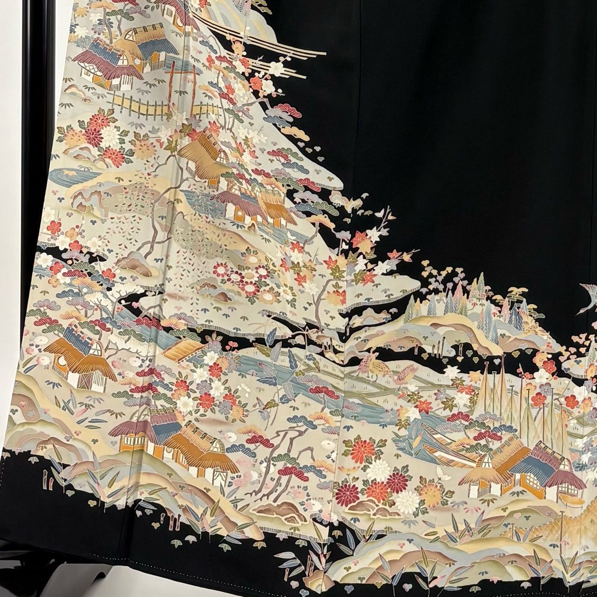 黒留袖 身丈162.5cm 裄丈64cm M 袷 柿本市郎 落款 家屋 松竹梅