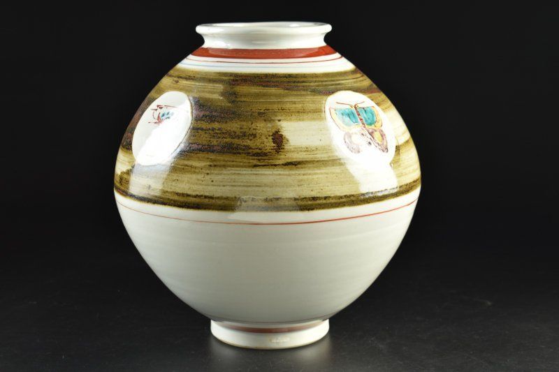 蔵A5559 瀧田項一 窓絵鳥蝶図 大壷 共箱