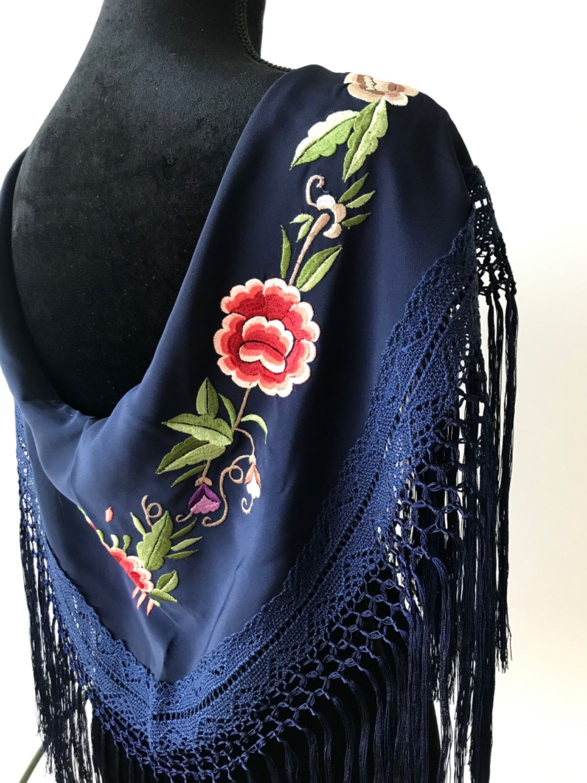 【Newカラー】フラメンコ マントンシージョ マルチ刺繍 ネイビー 2way Newカラー☆刺繍】フラメンコ マントンシージョ 刺繍 ネイビー