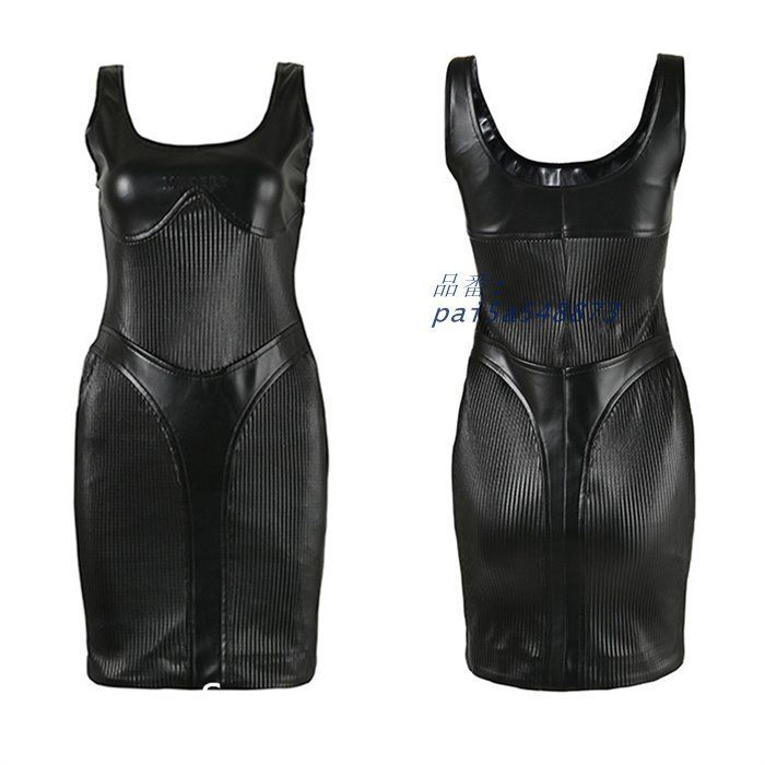 レザーワンピース ノースリーブ タイトワンピース 切り替え ミニ丈 レザーワンピース セクシー pai5a548873