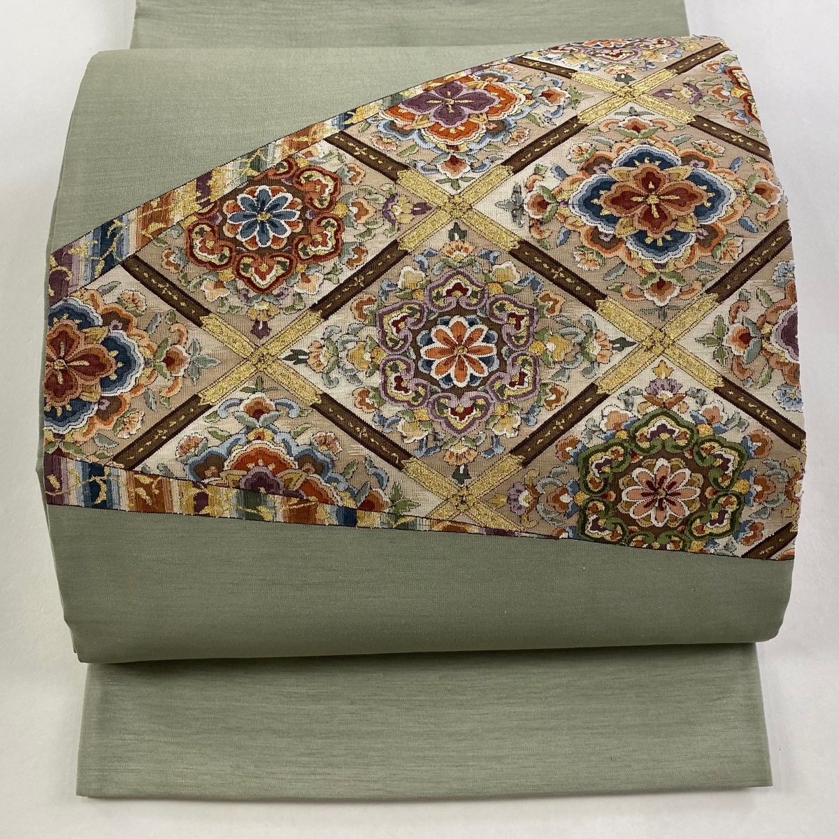 袋帯 華文 菱天井 金糸 灰緑 お太鼓柄 正絹