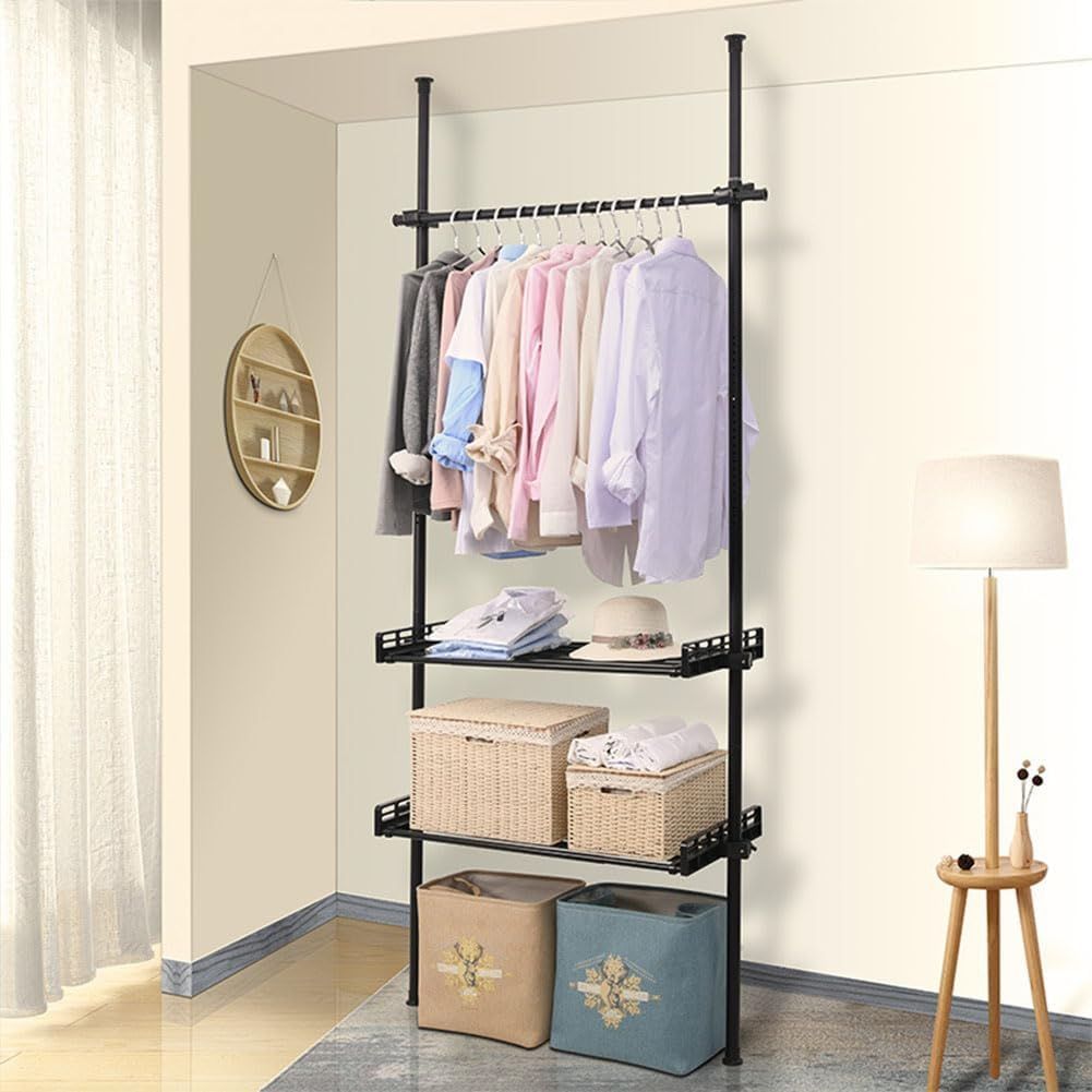 1835値下げハンガーラック トリプル＋棚付き 突っ張り伸縮 耐荷重240kg