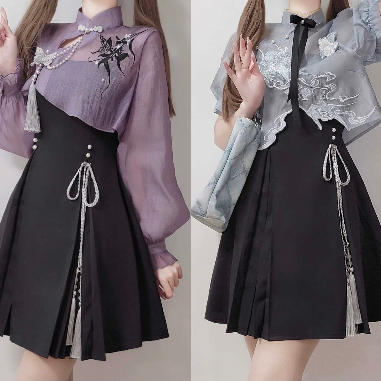 チャイナ風 ワンピース ドレス 漢服 中華 ロリータ 紫 黒 シースルー チュール 蝶 刺繍 タッセル プリーツ スカート ハイネック 長袖 ブラウス 重ね着風 地雷系 量産型 病みかわいい ゴシック コスプレ イベント ステージ 衣装 撮影会