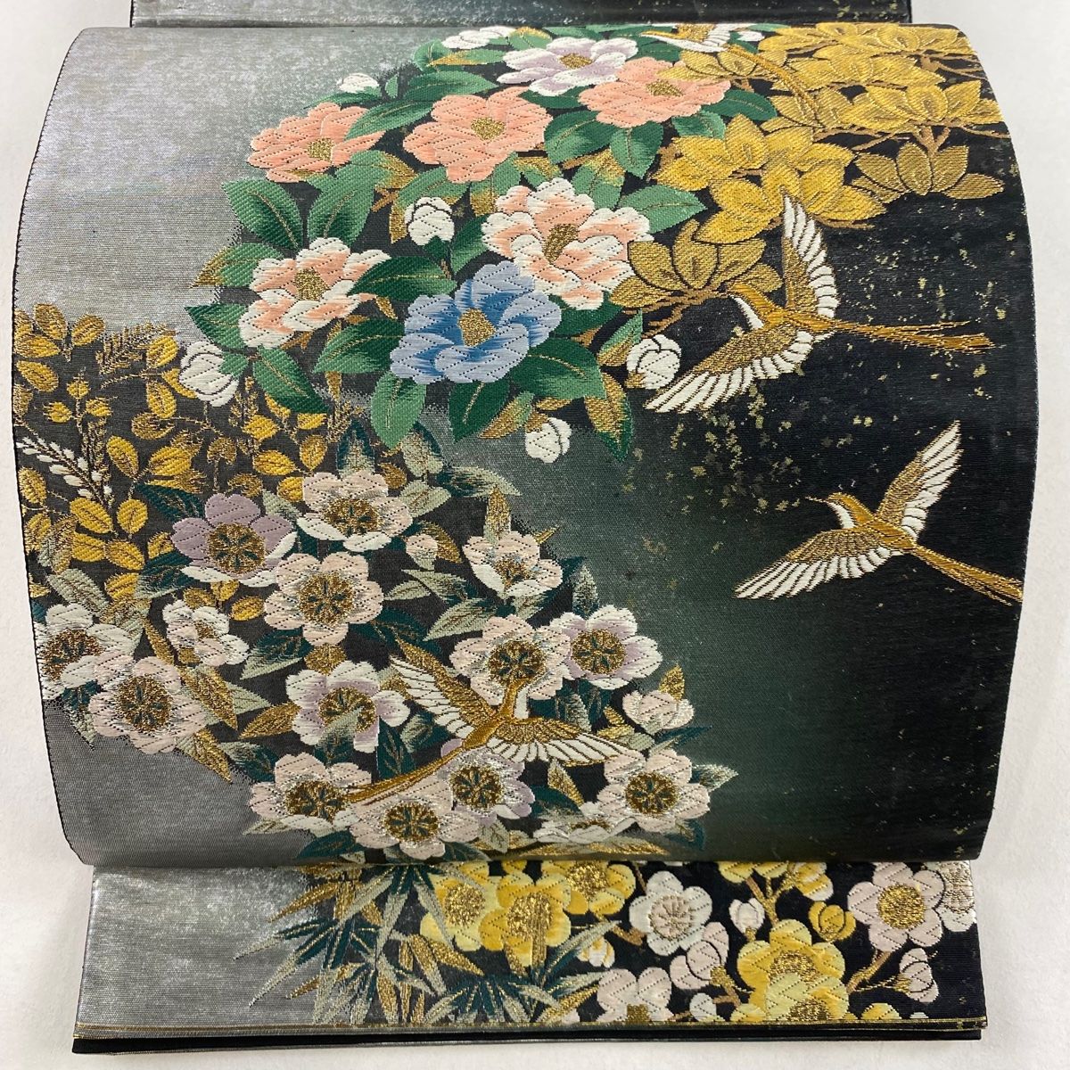 袋帯 美品 秀品 落款 鳥 草花 金銀糸 唐織 灰緑 六通 正絹