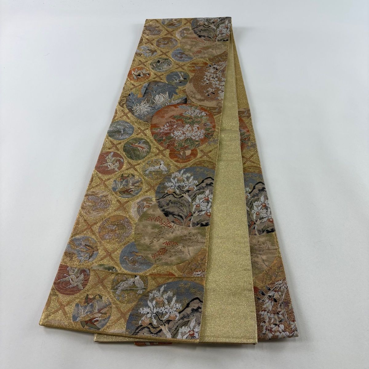 袋帯 名品 落款 花鳥 斜め格子 箔 金色 六通 正絹 【中古