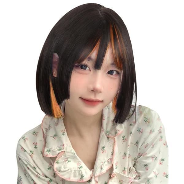 黒茶＆オレンジ FORCUTEUウィッグ ボブ ショート 黒髪 フルウィッグ 姫カット インナーカラー オレンジ 女装 コスプレ カツラ 女性 ファッション ロリータ 地雷系 人気 自然 wig 原宿 耐熱 ネッ
