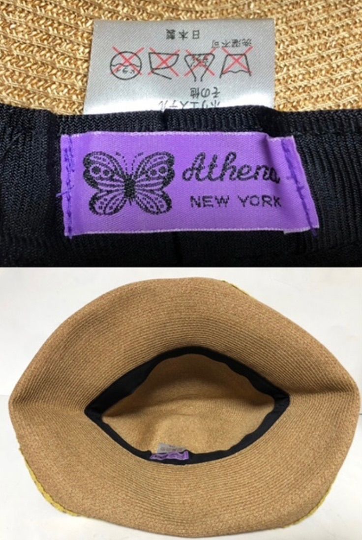 【未使用】athena new york アシーナニューヨーク 花刺繍 フラワーレース つば広 ペーパー ハット 麦わら帽子 ベージュ レディース A02