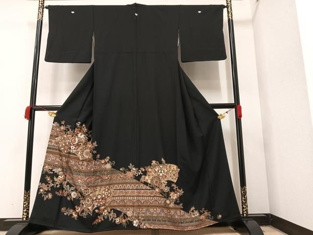 黒留袖 草花文　金彩　絹 平和屋着物□豪華黒留袖 草花菱文 金彩 正絹 逸品 DAAT8995zy