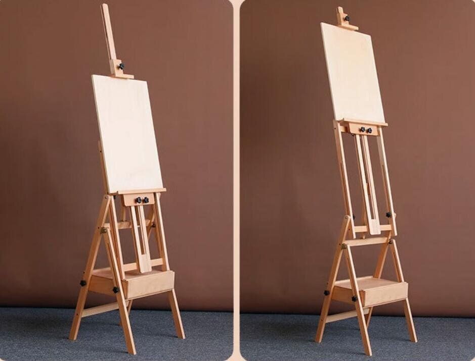 イーゼル 木製イーゼルスタンド 前傾式 角度を調節でき 引き出し付き折りたたみ収納高さ調節 高さ122-207cm H型フレーム